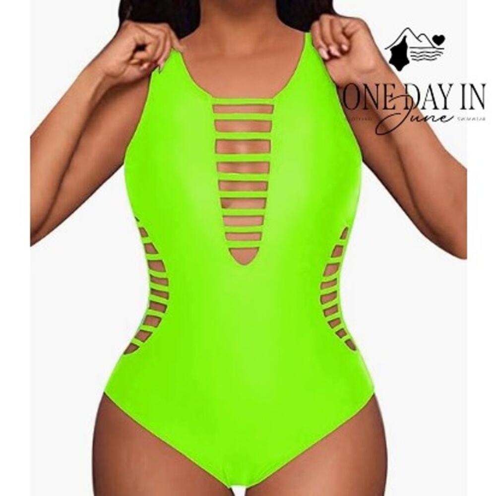Aqua Eve Cut Out One Piece Swimsuit Neon Green Strappy NWT Size L